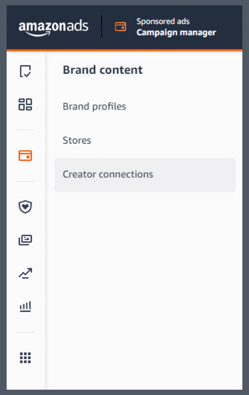 亚马逊广告控制台下拉菜单中的创作者连接。