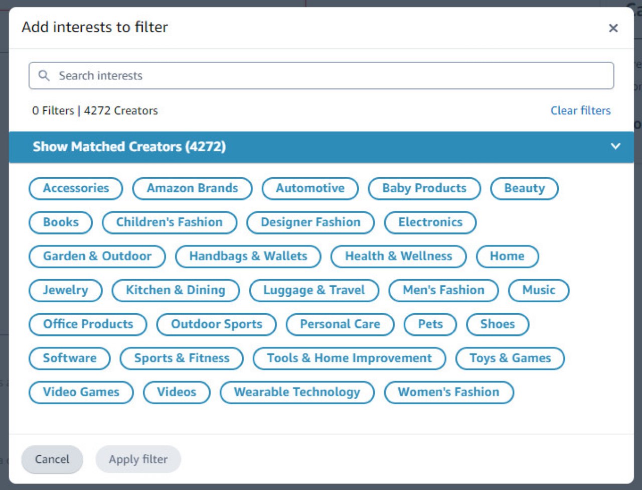 Creator Connections dashboard new request screen - influencer interests.